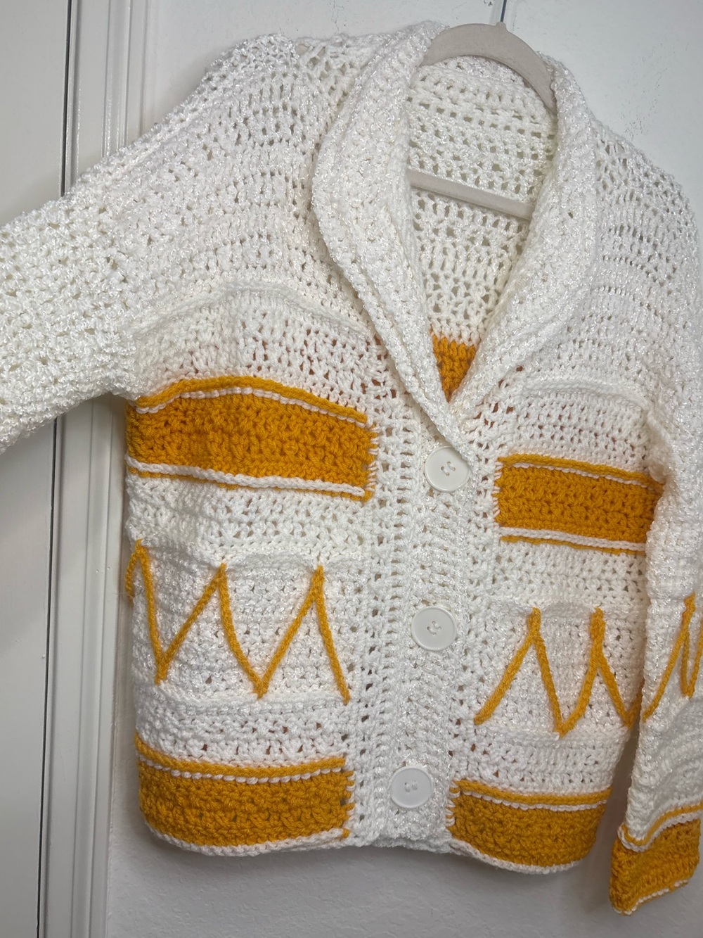 Handmade Knit Crochet Cardigan Sweater Mustard Yellow & Cream Boho - Picture 5 of 16